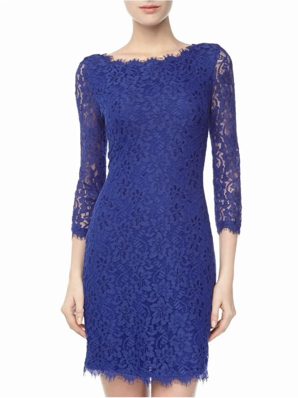 Diane Von Furstenberg Royal Blue Lace Long Sleeve Sheath Dress 0